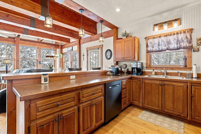 kitchen with hanging light fixtures, sink, dishwashing machine, and kitchen peninsula