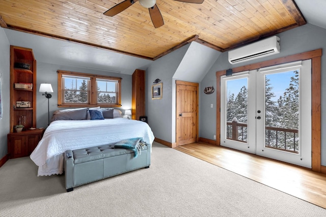 bedroom featuring french doors, wood ceiling, vaulted ceiling, a wall unit AC, and access to exterior