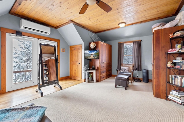 interior space with ceiling fan, wooden ceiling, vaulted ceiling, light colored carpet, and an AC wall unit