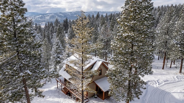 snowy aerial view featuring a mountain view