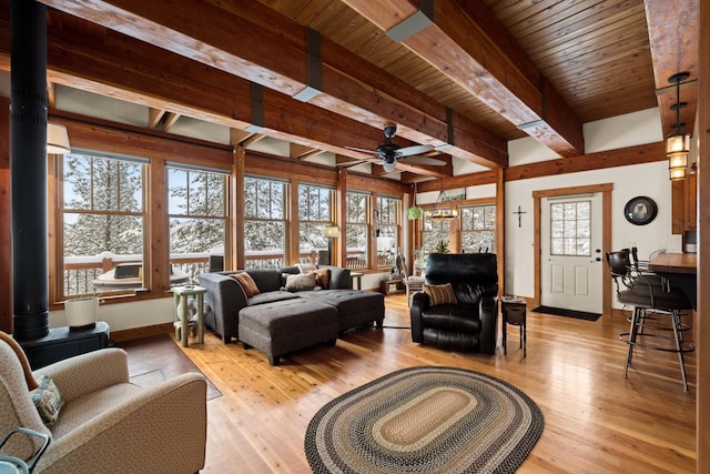 living room with ceiling fan, beam ceiling, light hardwood / wood-style floors, and wooden ceiling