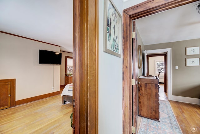 hall with crown molding and light hardwood / wood-style floors