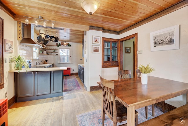 dining space featuring sink, wooden ceiling, and light hardwood / wood-style floors