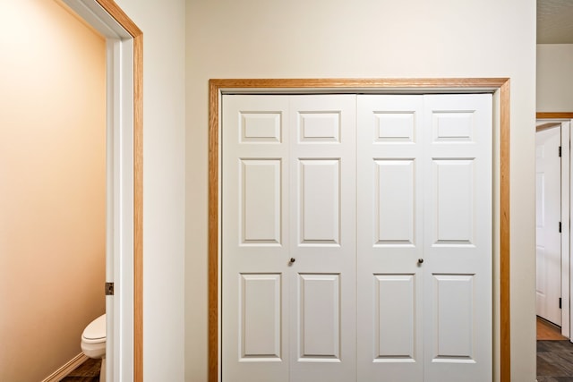 interior details featuring toilet, baseboards, and a closet