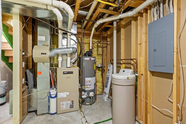 utility room with electric panel and water heater