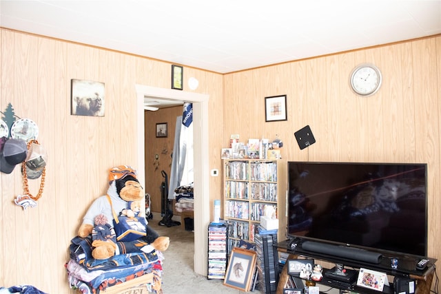 living room featuring light carpet