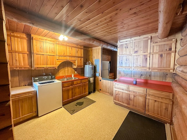 68 River Dr, Cascade, MT 59421 - laundry area featuring washer / clothes dryer, electric water heater, wood ceiling, cabinet space, and wooden walls