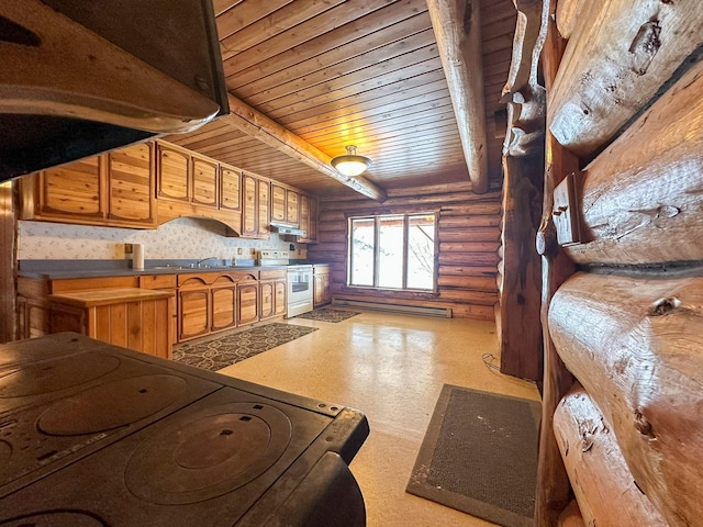 interior space featuring beamed ceiling and wooden ceiling