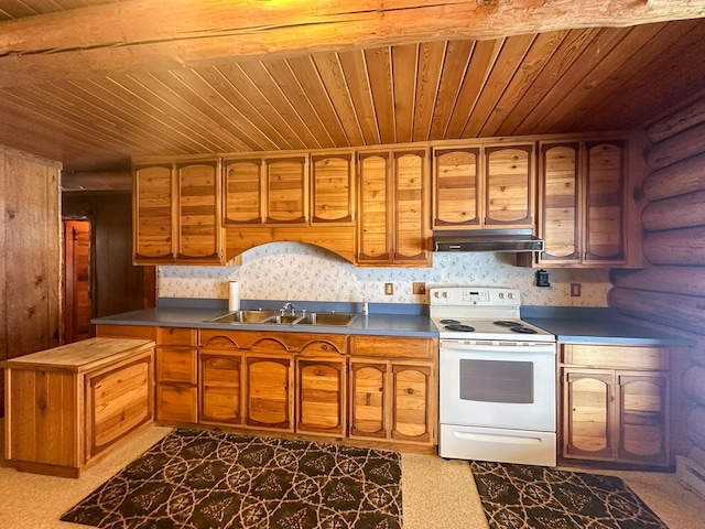 68 River Dr, Cascade, MT 59421 - kitchen featuring electric range, wooden ceiling, under cabinet range hood, rustic walls, and a sink