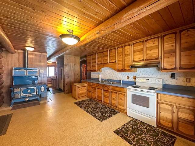 kitchen featuring wood ceiling, beam ceiling, sink, and white range with electric stovetop