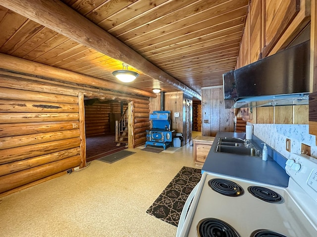 kitchen featuring sink, white electric range, wooden ceiling, and a wood stove