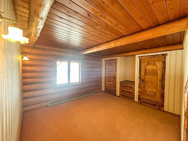 bonus room featuring beamed ceiling, carpet flooring, rustic walls, wood ceiling, and baseboard heating