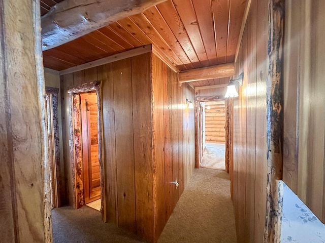 68 River Dr, Cascade, MT 59421 - hallway featuring wooden ceiling, carpet, and wooden walls