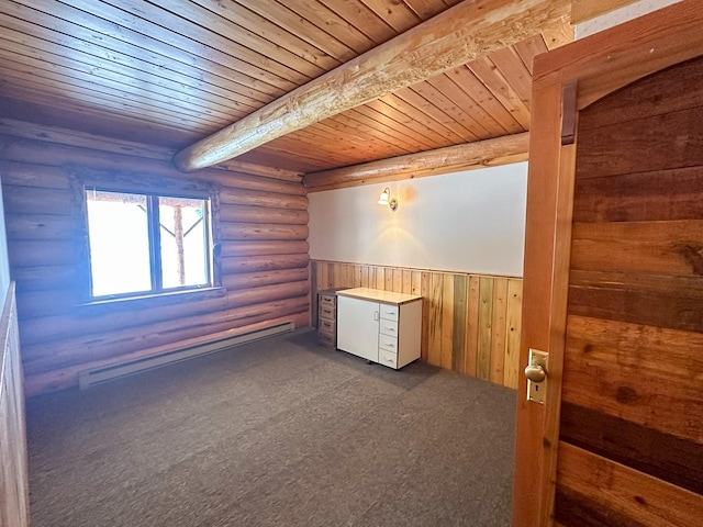 empty room featuring rustic walls, dark colored carpet, wood ceiling, baseboard heating, and beamed ceiling