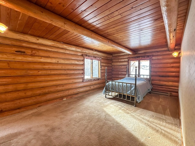 unfurnished bedroom with wood ceiling, beam ceiling, and multiple windows