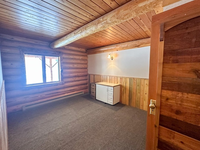68 River Dr, Cascade, MT 59421 - empty room featuring log walls, wooden ceiling with exposed beams, a baseboard radiator, dark carpet, and wainscoting
