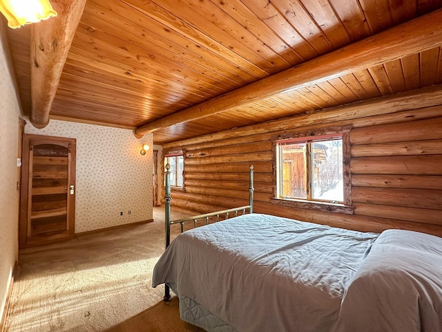 carpeted bedroom featuring beamed ceiling, log walls, and wooden ceiling