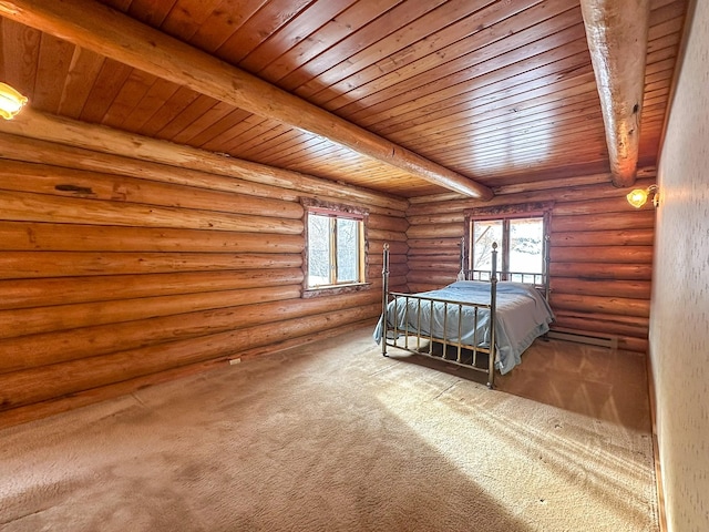 68 River Dr, Cascade, MT 59421 - bedroom featuring wooden ceiling with exposed beams, multiple windows, carpet flooring, and log walls