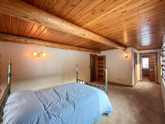 bedroom featuring wood ceiling, beam ceiling, and carpet