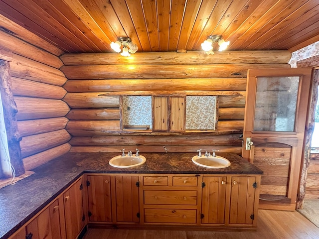 68 River Dr, Cascade, MT 59421 - full bath featuring wood ceiling, wood finished floors, log walls, and double vanity