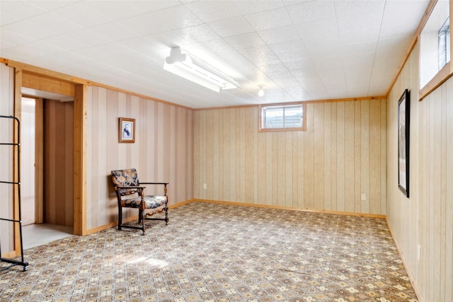 basement featuring wood walls