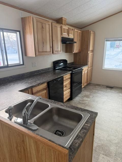 1730 N Hannaford St, Helena, MT 59601 - kitchen featuring a sink, ornamental molding, dark countertops, under cabinet range hood, and black appliances