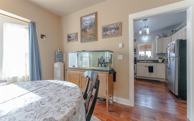 dining room featuring sink and dark hardwood / wood-style flooring