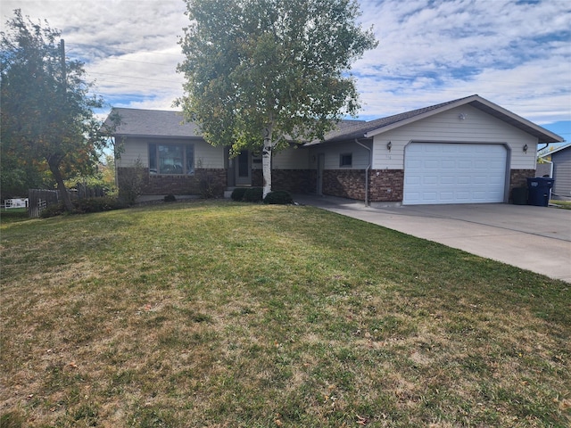 ranch-style home featuring a garage and a front lawn