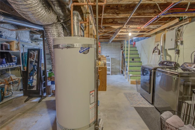 unfinished below grade area featuring stairway, separate washer and dryer, water heater, and electric panel