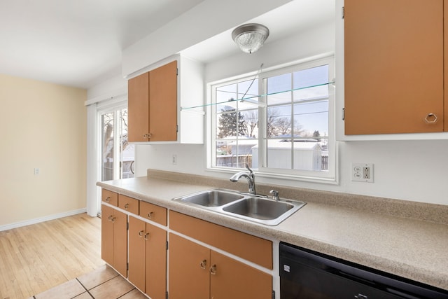 kitchen with dishwasher, sink, and light hardwood / wood-style flooring