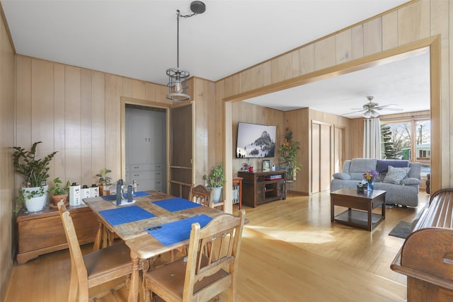 dining area with ceiling fan and light wood-type flooring