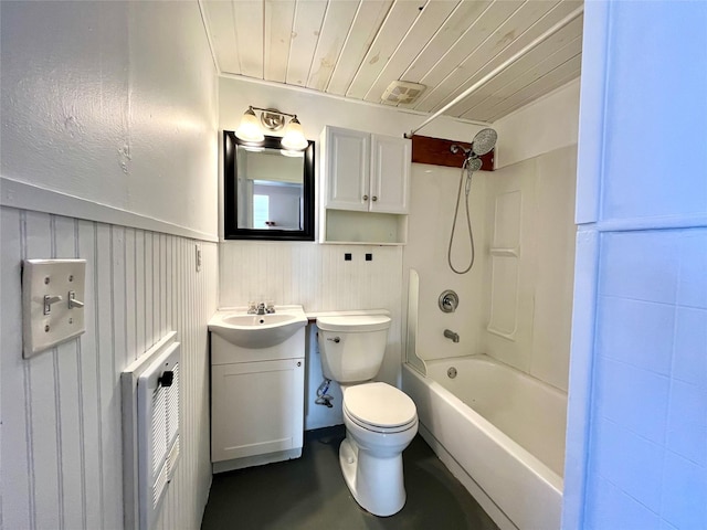 full bathroom featuring toilet, wood walls, wooden ceiling, vanity, and shower / washtub combination