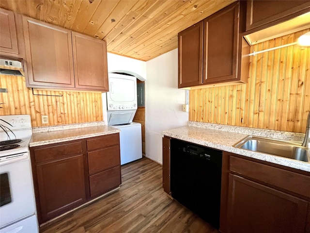 kitchen with stacked washer / dryer, black dishwasher, sink, white range with electric cooktop, and wooden ceiling