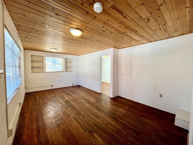 unfurnished room featuring wood ceiling, dark hardwood / wood-style floors, and built in shelves