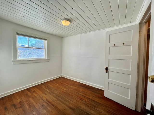 empty room featuring wooden ceiling and dark hardwood / wood-style flooring