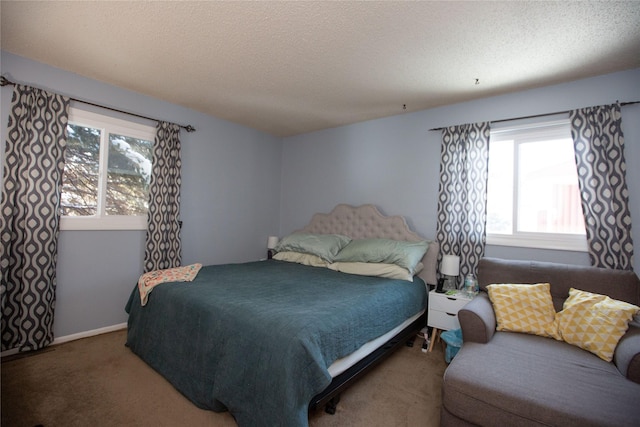 carpeted bedroom with a textured ceiling