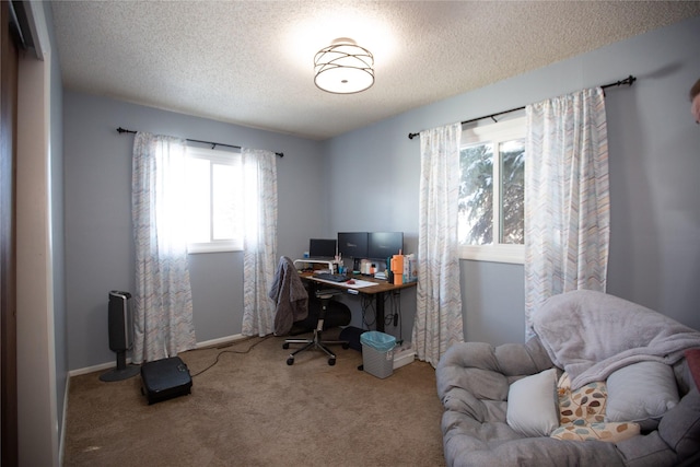 home office featuring carpet floors and a textured ceiling