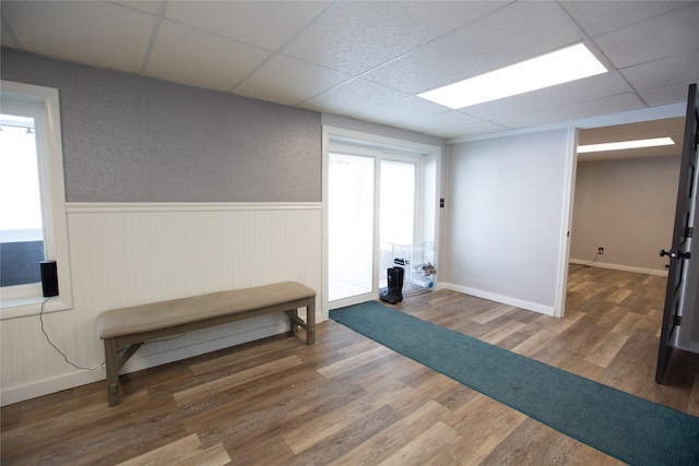 workout area with hardwood / wood-style floors and a drop ceiling