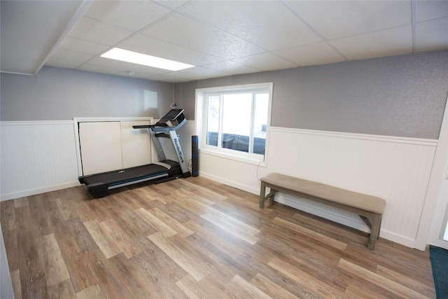 exercise room with wood-type flooring and a drop ceiling