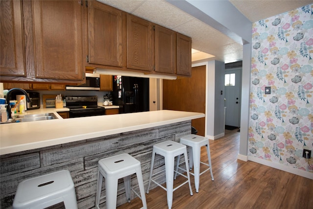 kitchen featuring sink, hardwood / wood-style floors, and black appliances