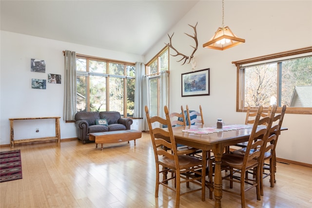 dining room featuring high vaulted ceiling and light hardwood / wood-style floors