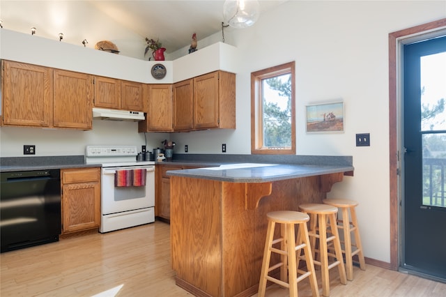 kitchen with electric stove, light hardwood / wood-style flooring, kitchen peninsula, and black dishwasher