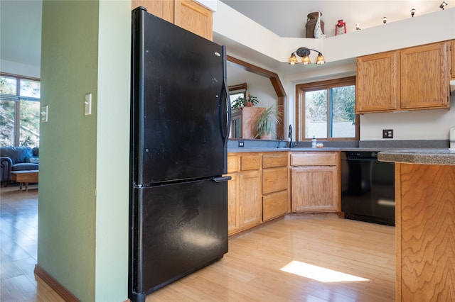 kitchen featuring light hardwood / wood-style floors, sink, and black appliances