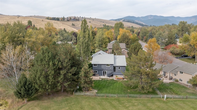 aerial view featuring a mountain view and a rural view