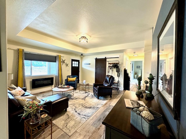66 Moccasin Ln, Thompson Falls, MT 59873 - living area featuring a barn door, wood finished floors, a textured ceiling, a raised ceiling, and a glass covered fireplace