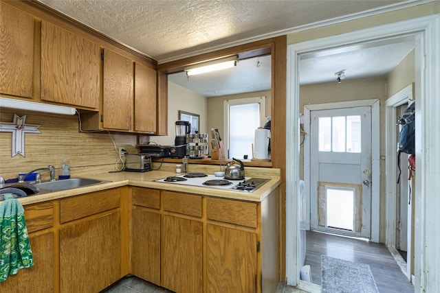 kitchen featuring sink, light hardwood / wood-style flooring, backsplash, a textured ceiling, and electric cooktop