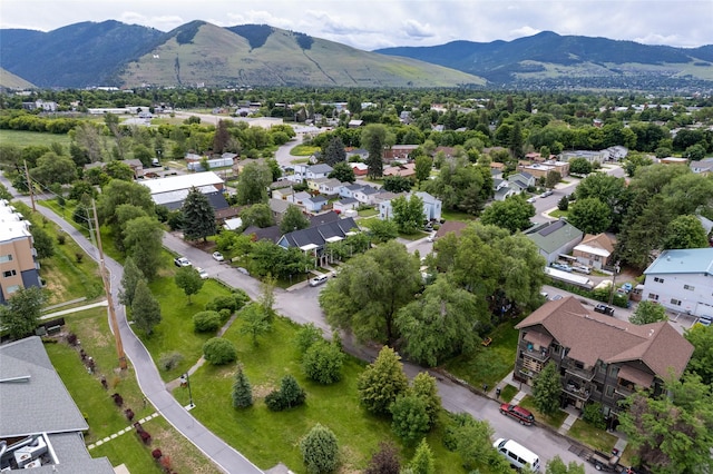 drone / aerial view featuring a mountain view