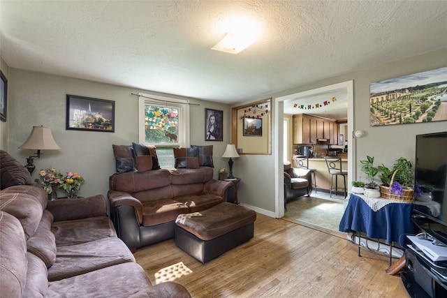 living room featuring a textured ceiling and light hardwood / wood-style floors