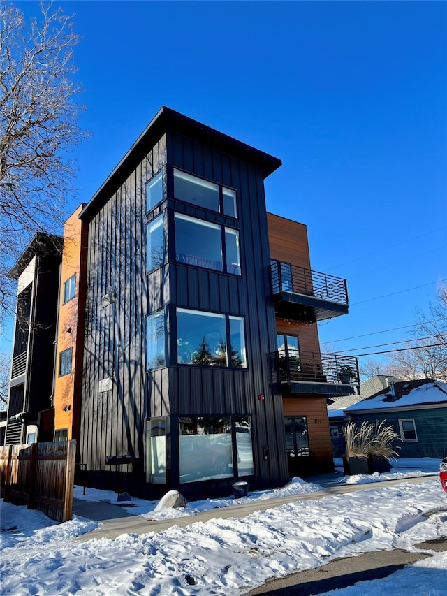 view of snow covered building