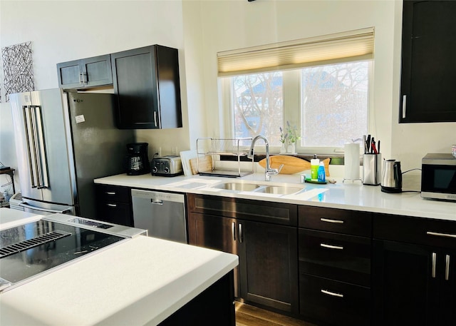 kitchen with hardwood / wood-style flooring, stainless steel appliances, and sink